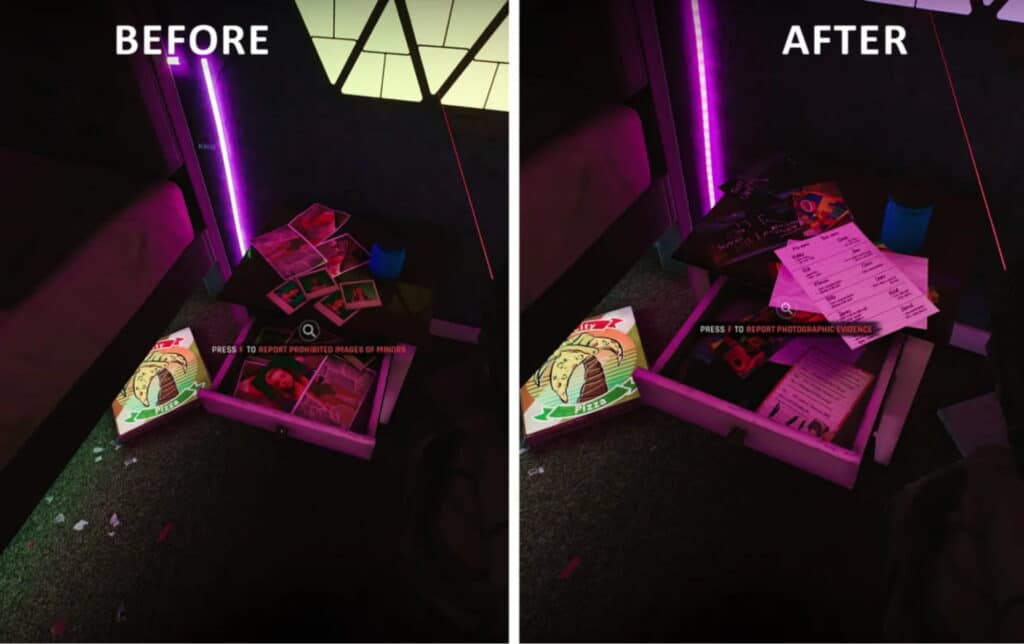 Immagine divisa; Il lato sinistro mostra un cassetto disordinato con fotografie sparse e una scatola di pizza sotto la luce viola etichettata 