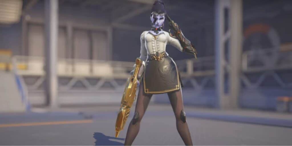 A confident Overwatch character in a stylish white blouse and black skirt, holding a golden weapon, standing in an industrial setting.