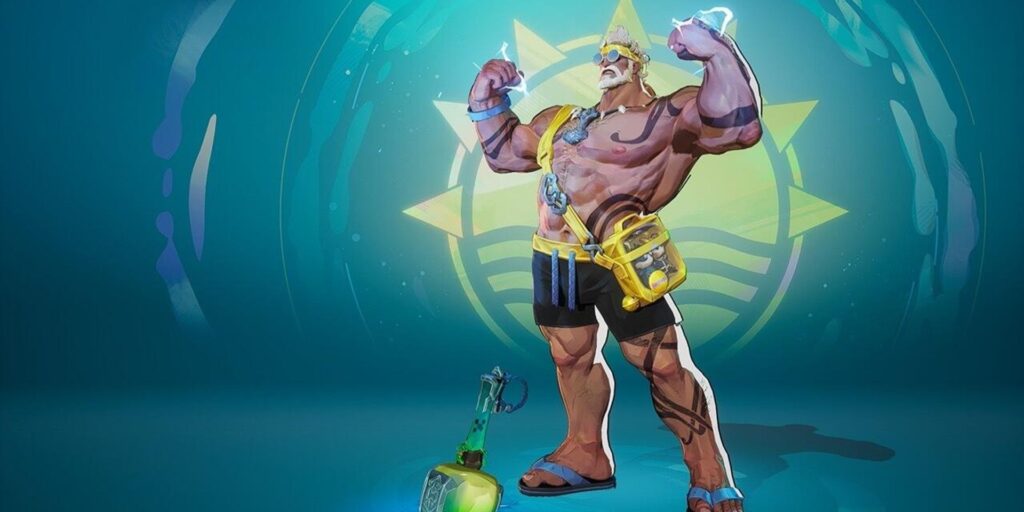 Thor poses confidently in swimwear against a sun-themed backdrop