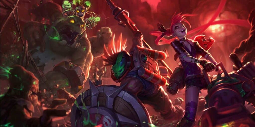 Dynamic scene with futuristic warriors from League of Legends in vivid colors. A Jinx's figure in pink stands confidently, surrounded by chaos and explosions. Energetic and intense.