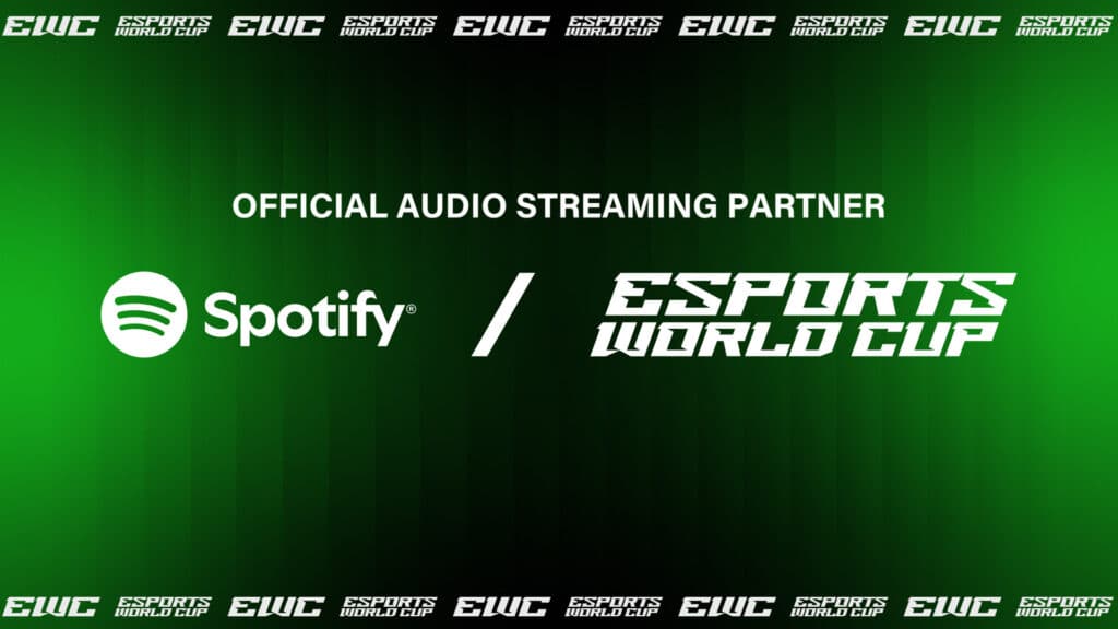 Image of Spotify and Esports World Cup logos on a dark green and black background
