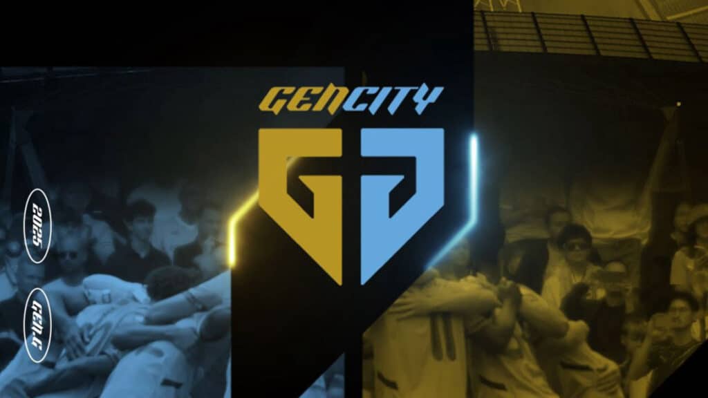 Image of GenCity logo on a background of football teams wearing light blue and gold kits