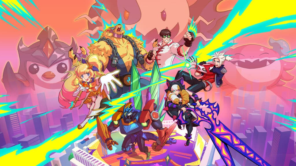 Image of Teamfight Tactics Champions posing while holding weapons on a pink and purple background