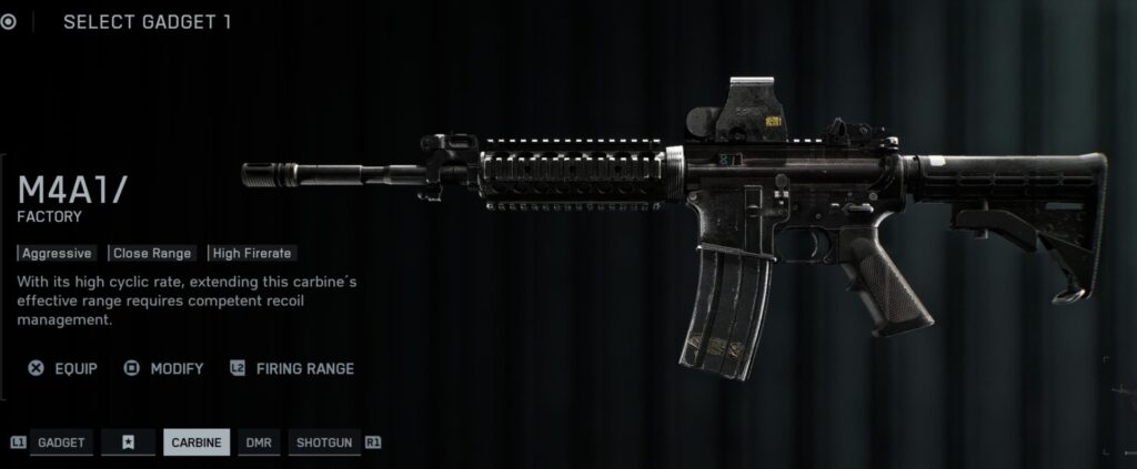 Battlefield menu features an M4A1 rifle. It includes options to equip, modify, and test in firing range
