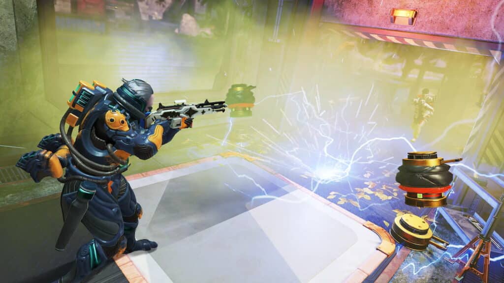 A sci-fi soldier in futuristic armor aims a gun amidst yellow smoke and electric sparks