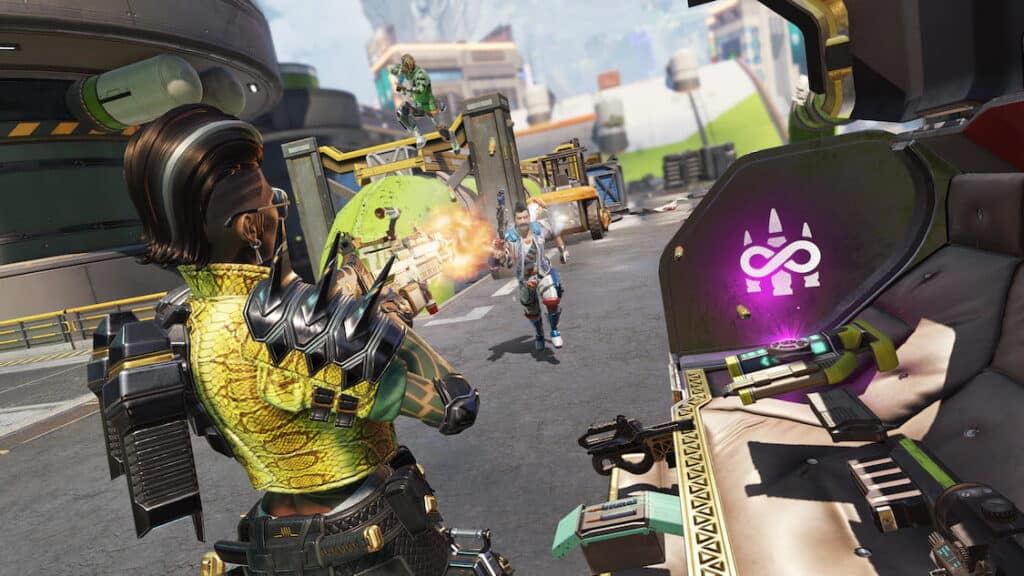 Apex Legends scene showing a futuristic battle with armed characters