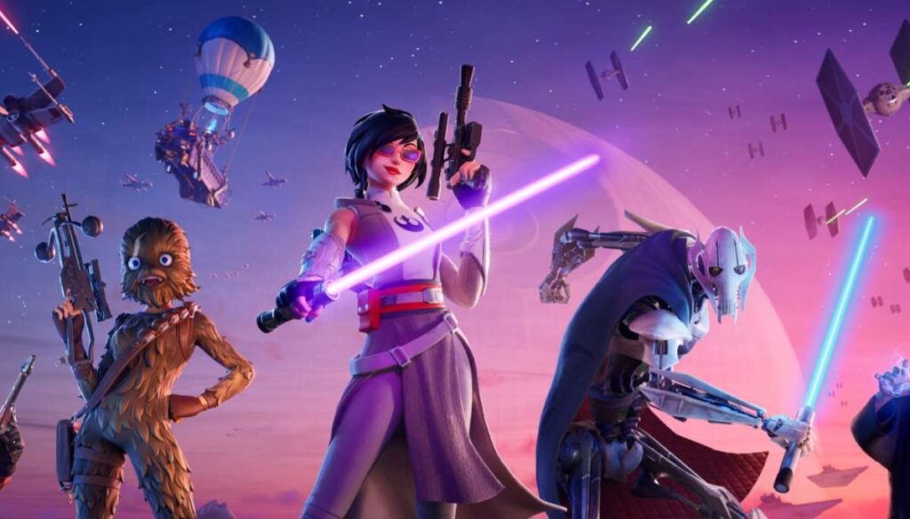Fortnite characters in vibrant space battle gear wielding lightsabers and blasters, set against a colorful cosmic backdrop with spaceships.