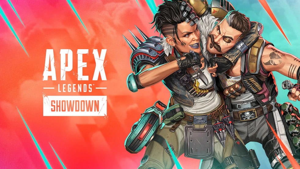 Two animated characters from Apex Legends engage in a playful scuffle, set against a vibrant red and blue background