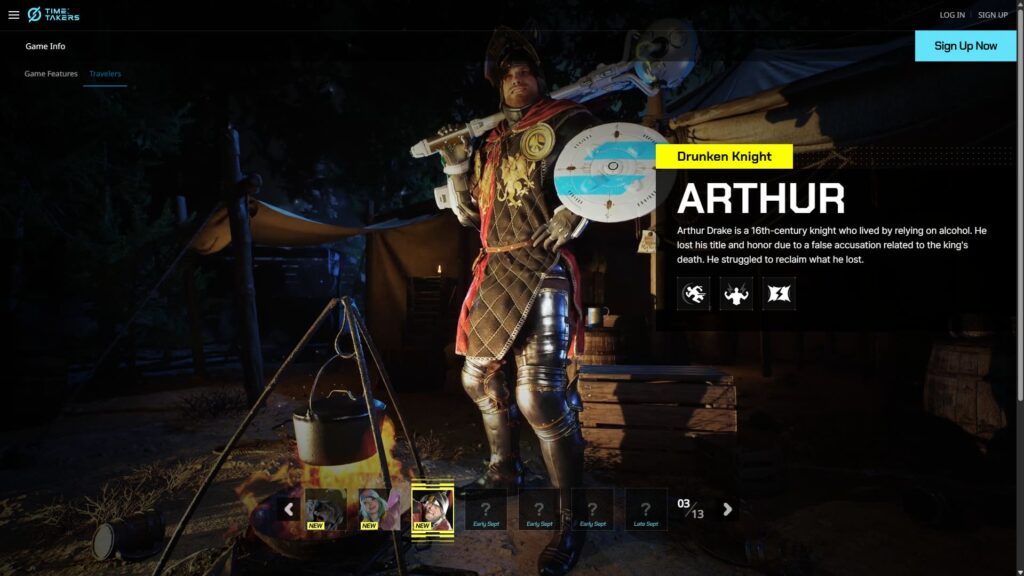 A knight in shiny armor and a red cape stands confidently at a campsite at night, holding a large, decorative shield. The text next to him reads "Drunken Knight Arthur," with a description of his backstory