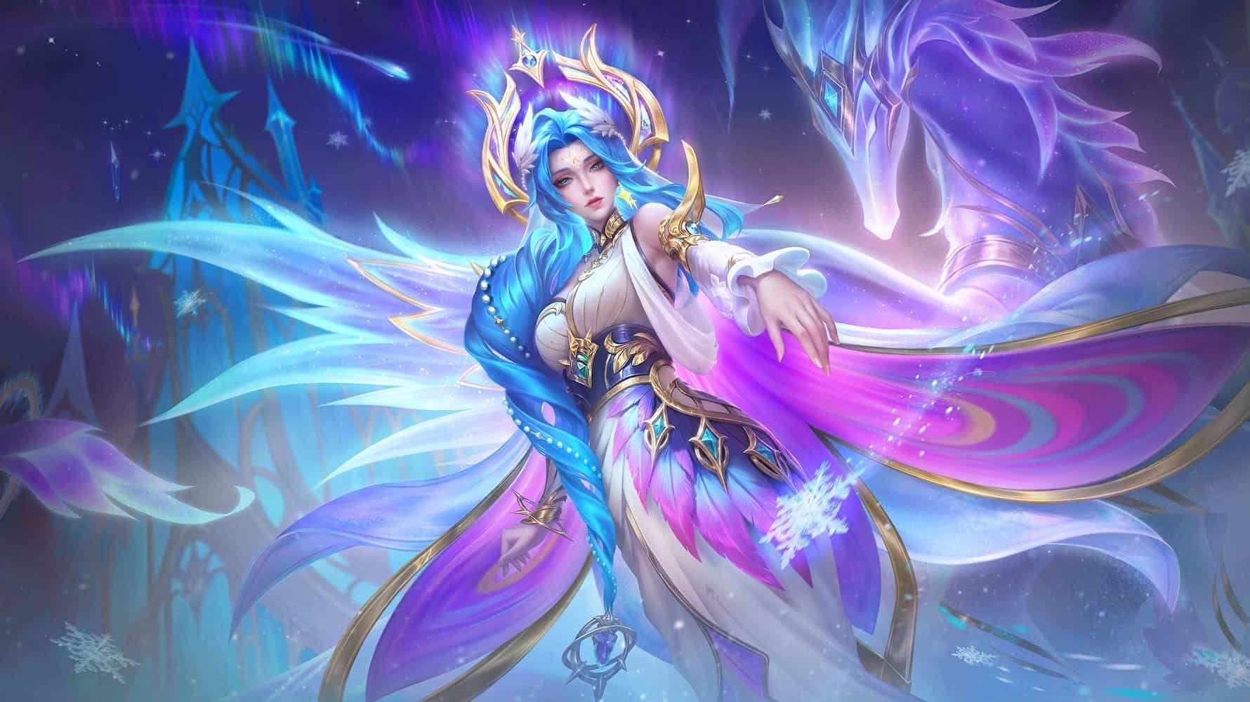 Aurora with flowing blue and purple hair stands gracefully, adorned in ornate armor with ethereal wings