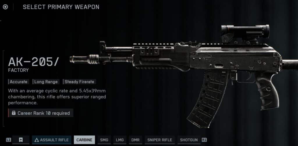 AK-205 weapon selection screen from Battlefield