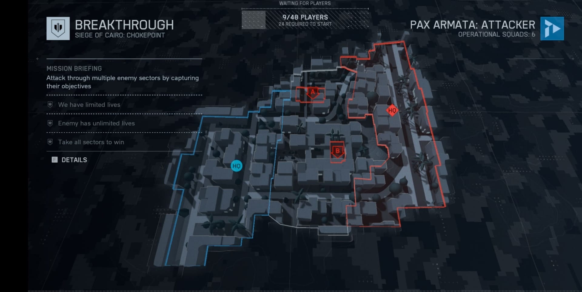 Battlefield's map displaying two defined zones in blue and red. The blue zone is the player's area, marked with objectives