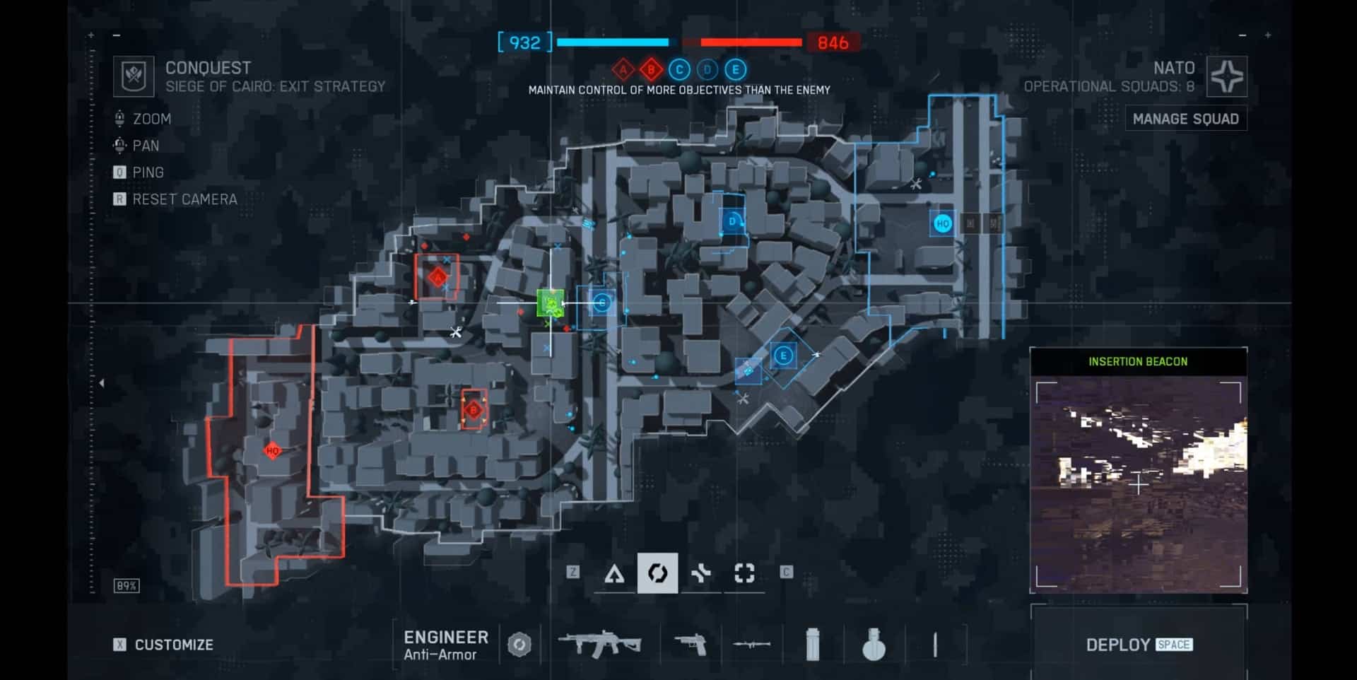 Battlefield 2042 Conquest map screen showing NATO leading 932 to 846. Red team controls A and B, blue team holds C, D, and E. Player is Engineer class with spawn options including an insertion beacon