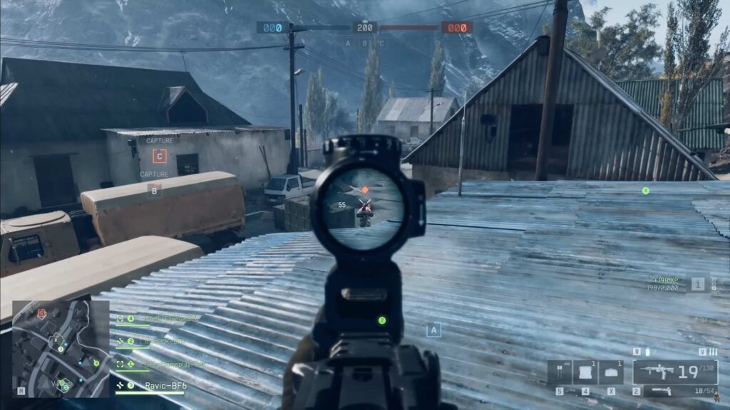 Battlefield's screen showing a weapon scope aiming at an enemy on a rooftop