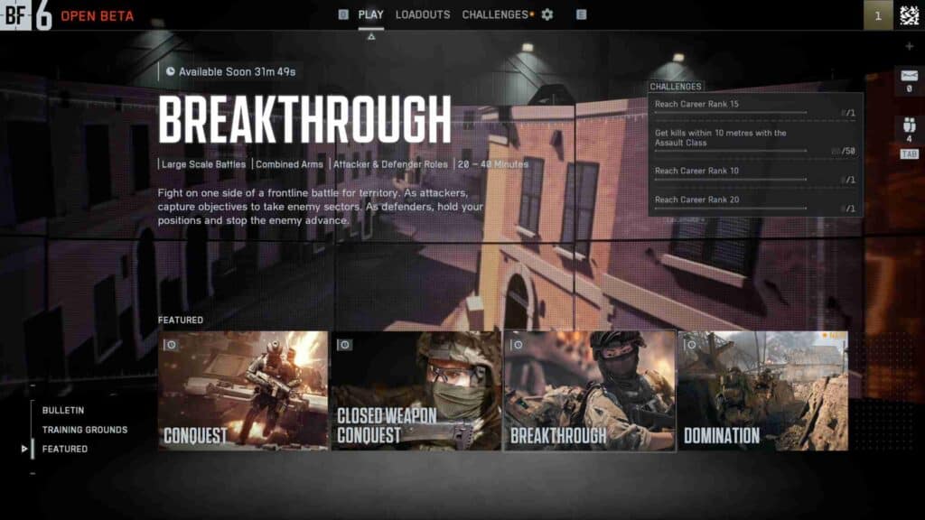 Game interface of BF 6 open beta featuring "Breakthrough" mode, with options for Conquest, Closed Weapon Conquest, and Domination.