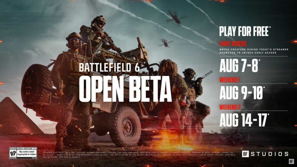 Military soldiers in combat gear stand beside a vehicle under a stormy sky with helicopters overhead. Text reads "Battlefield 6 Open Beta"