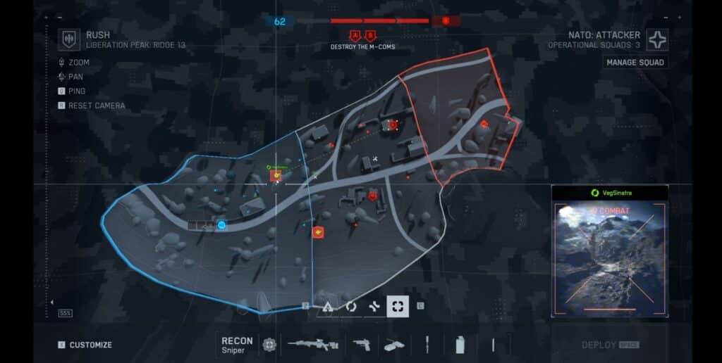 Battlefield's map showing a detailed layout with blue and red zones. Roads, icons, and terrain features are visible, indicating battle objectives
