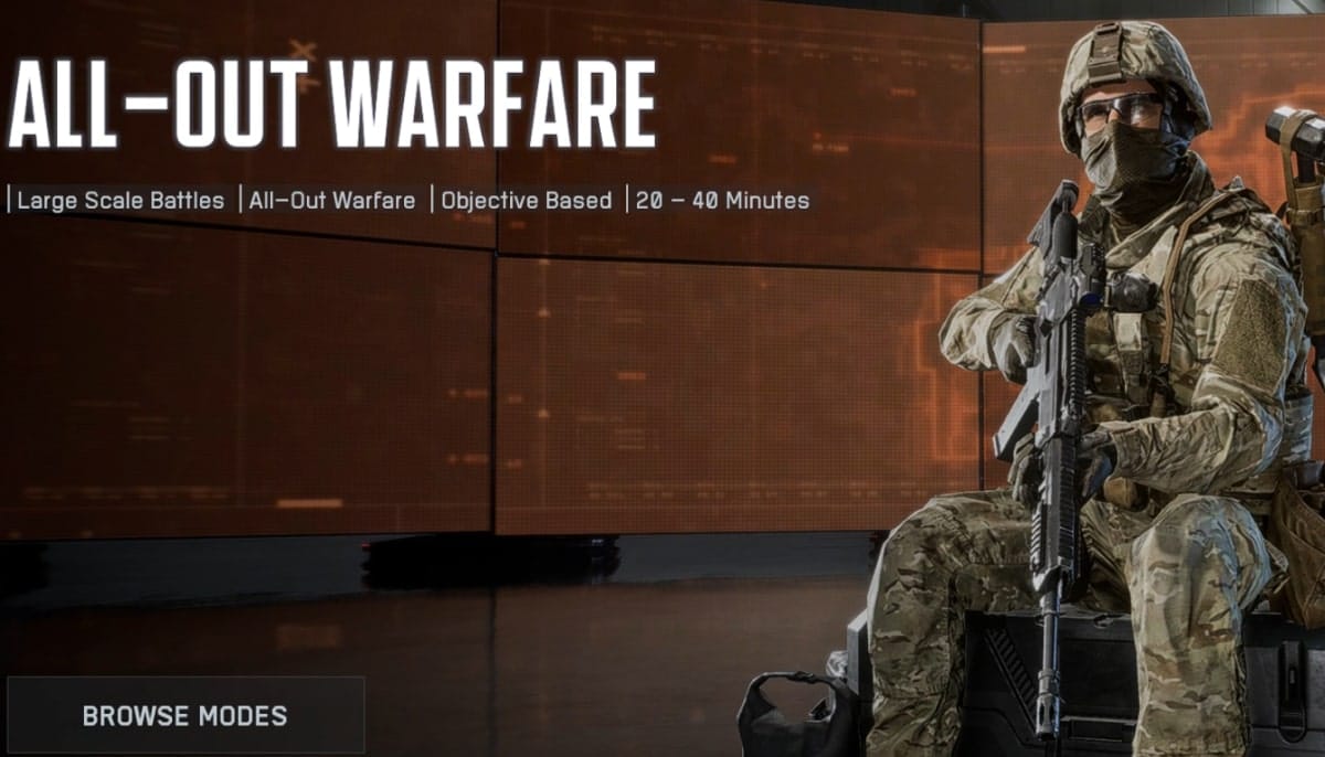 Soldier in tactical gear holding a rifle sits on equipment. "All-Out Warfare" text emphasizes intense battle context