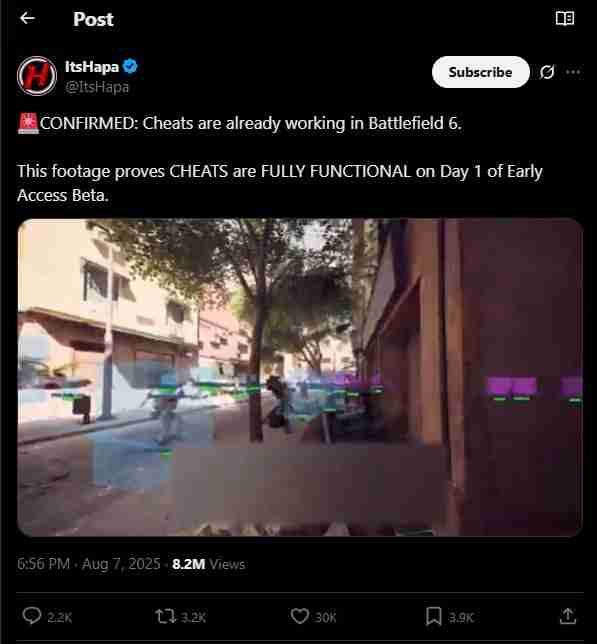 Gameplay footage from Battlefield 6 showing players using cheats, highlighted with visual effects, on the first day of the early access beta.