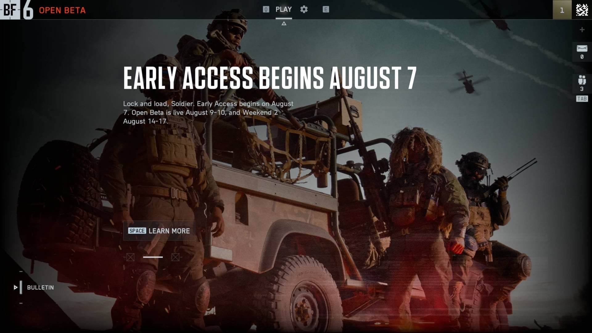 Soldiers in military gear stand next to and on a jeep under a cloudy sky, with helicopters overhead. Text: "Early Access Begins August 7"