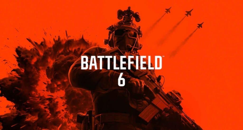 A soldier in tactical gear aims an assault rifle amidst an explosion, with the title "Battlefield 6" prominently displayed on a vibrant red background.