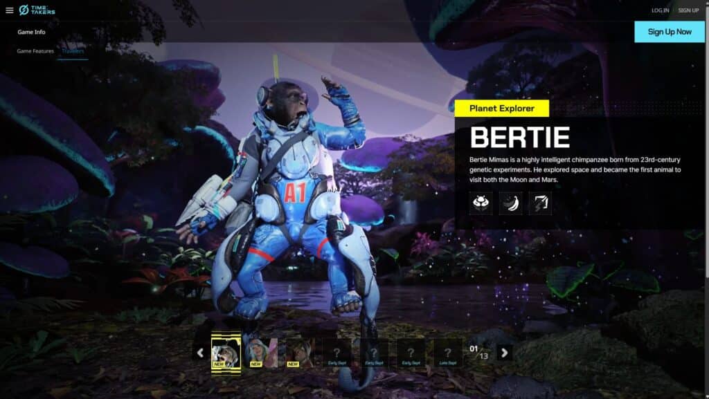 A chimpanzee in a futuristic spacesuit, labeled "A1," poses confidently in an alien jungle with large, glowing plants