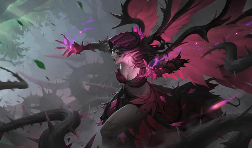 League of Legends Morgana Blackthorn skin with dark thorns and crimson magic