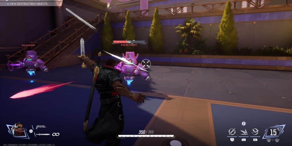Il gioco Marvel Rivals mostra un personaggio che brandisce una spada, di fronte a due nemici robotici etichettati "Galacta Bot"