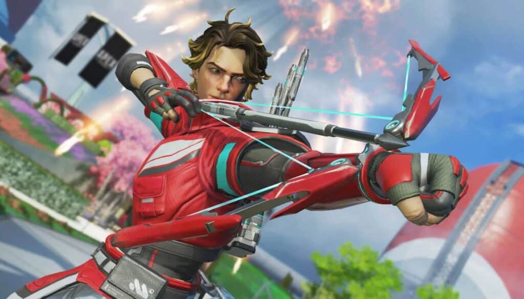 Character aiming a bow in Apex Legends gameplay