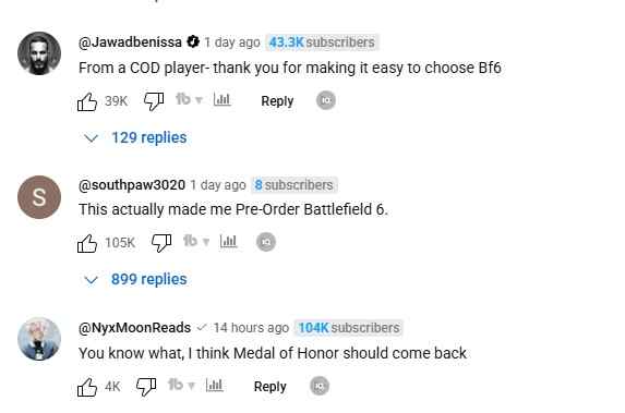 Comment section screenshot with three users discussing video games. The first thanks a player for helping choose Battlefield, the second pre-ordered Battlefield 6, and the third suggests reviving Medal of Honor.