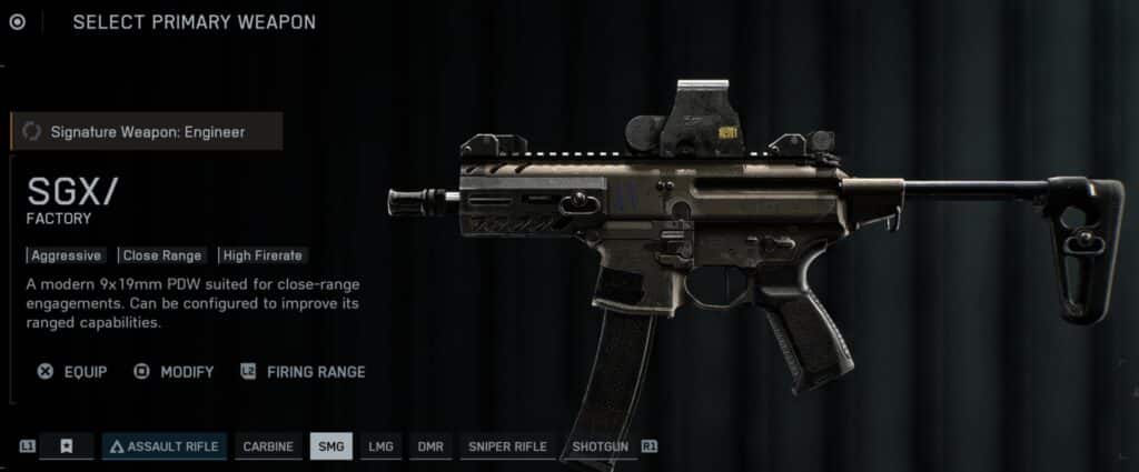 Battlefield menu displaying a selection screen for a primary weapon. A detailed view of an SMG labeled SGX is shown
