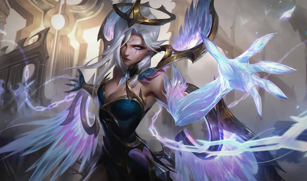League of Legends Morgana Dawnbringer skin with radiant light and celestial design