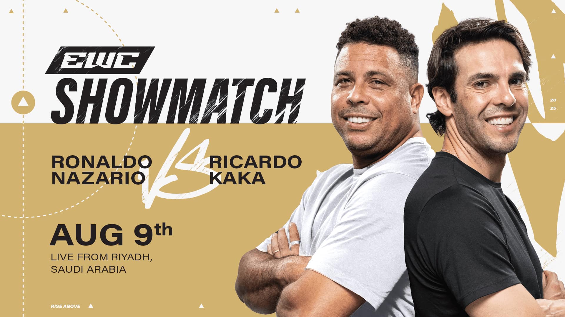 A promotional image for an EWC Showmatch featuring two smiling men standing back to back