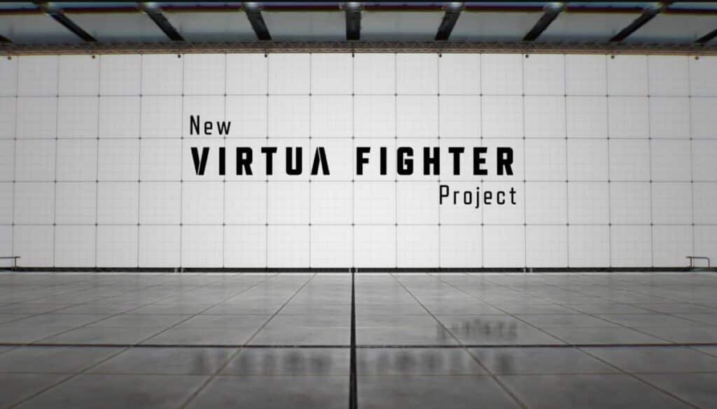 A tiled arena-like space with “New VIRTUA FIGHTER Project” written on the wall