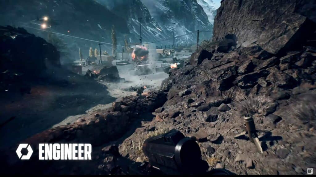 A rugged, mountainous battlefield with explosions and debris near concrete barricades