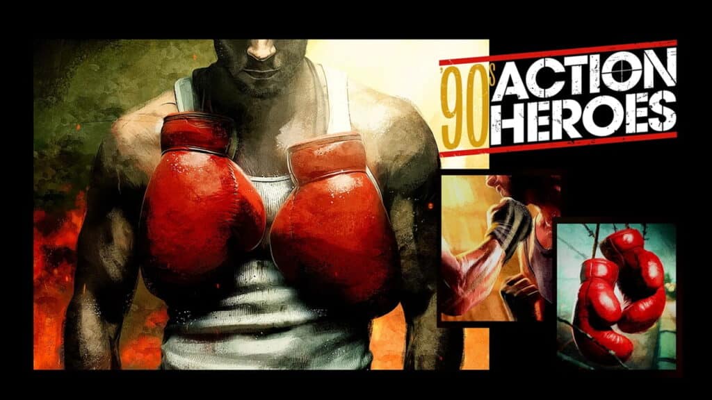 A muscular boxer wears red gloves, symbolizing the 90s action heroes, with dynamic boxing images in the background