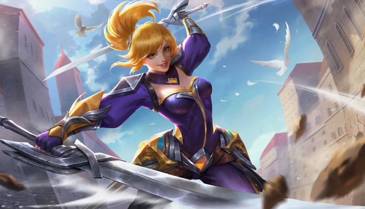 A warrior in a dynamic pose, wearing purple and gold armor, wields two swords