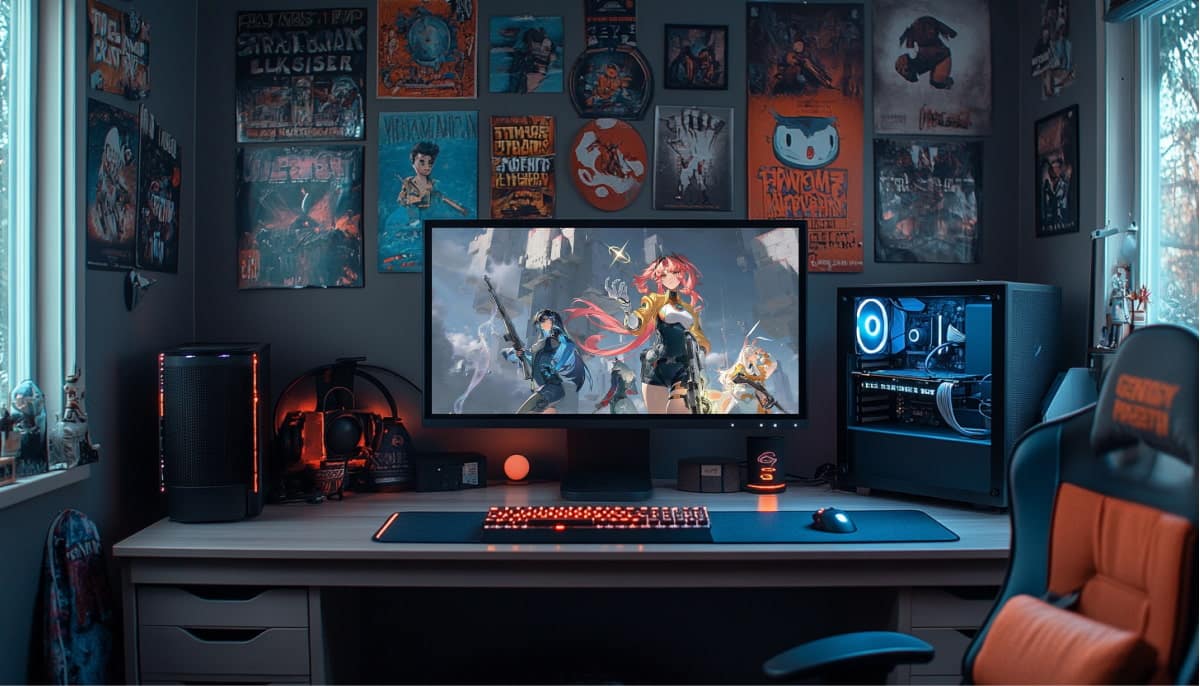 A gaming setup with a widescreen monitor showing an Fate Trigger scene. Walls are adorned with vivid posters