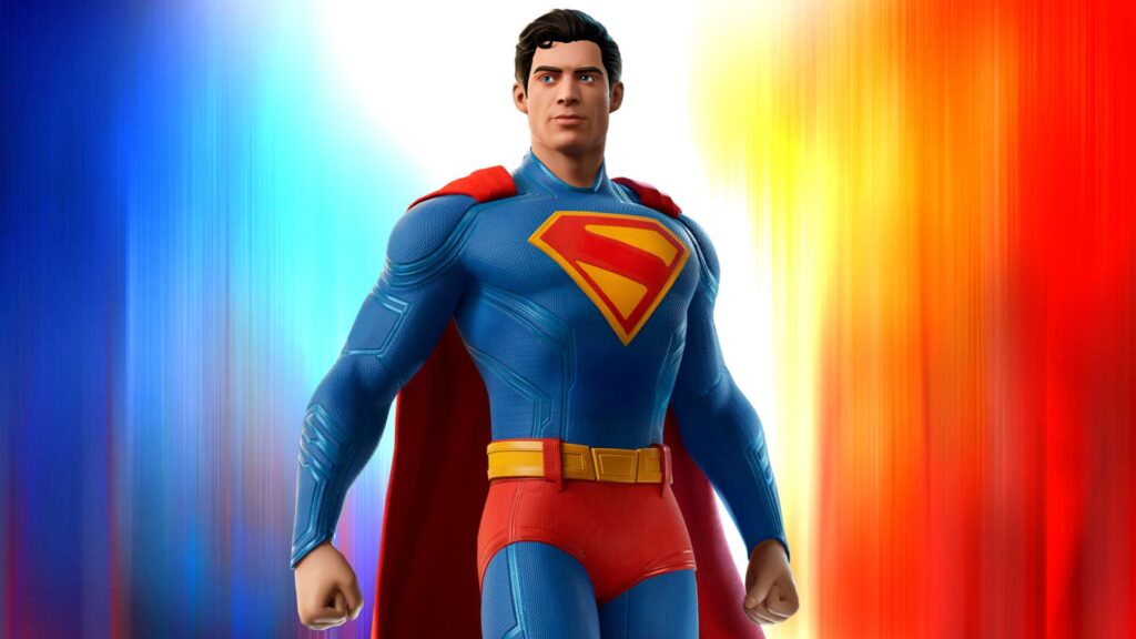 A superhero figure stands confidently with a blue and red costume, featuring a prominent yellow Superman logo, against a colorful background.
