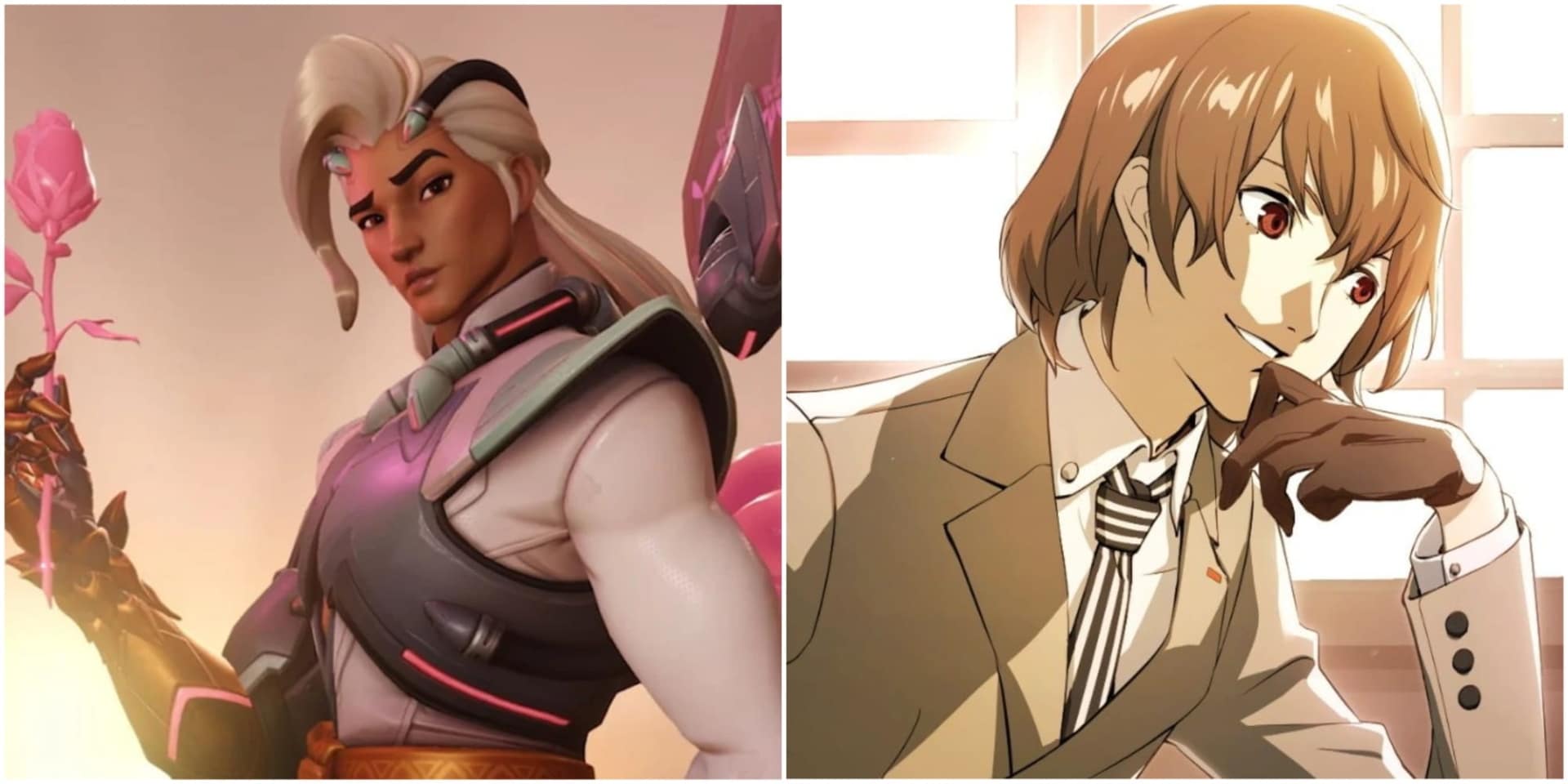 A digitally illustrated character with silver hair holding a pink rose is on the left. On the right, an anime-style character in a suit smiles thoughtfully