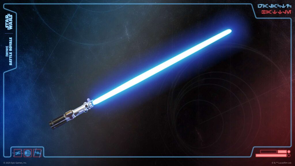 1. A blue light saber is prominently displayed in the background, casting a soft glow.
