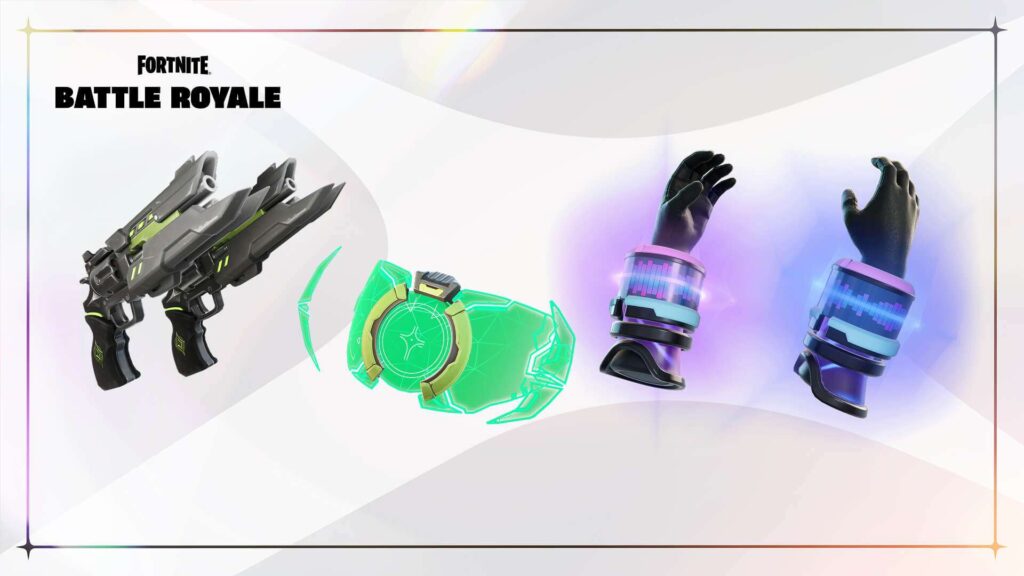 A futuristic Fortnite weapon, a neon green gadget, and two stylish gauntlets with glowing bands featured in an artistic layout.