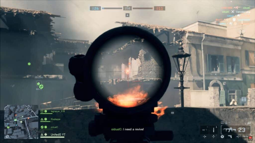 Battlefield's scene shows a rifle scope view aiming at a partially destroyed building