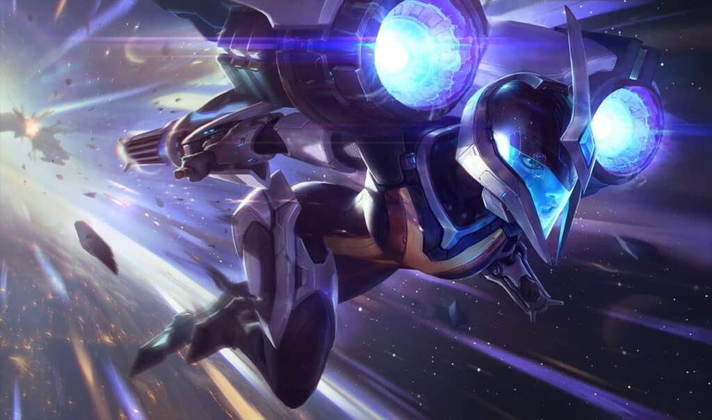 Kai'Sa in sleek suit soars through space with glowing blue thrusters, debris flying around