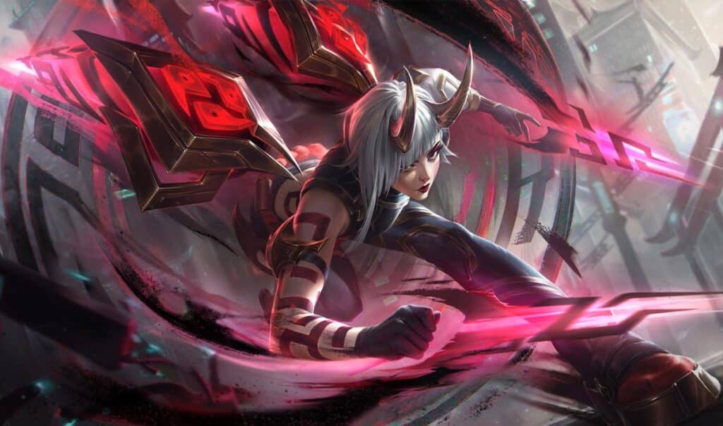 A dynamic scene depicts a silver-haired Kai'Sa with horns, striking a powerful pose with glowing red blades and armor