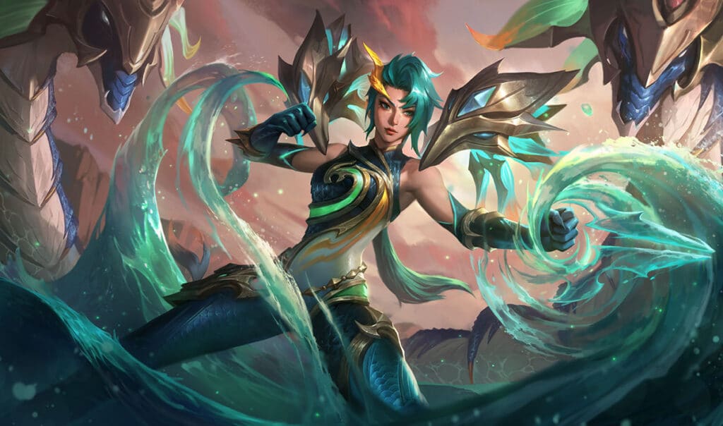 Kai'Sa with turquoise hair controls swirling water, standing fiercely with armored shoulders