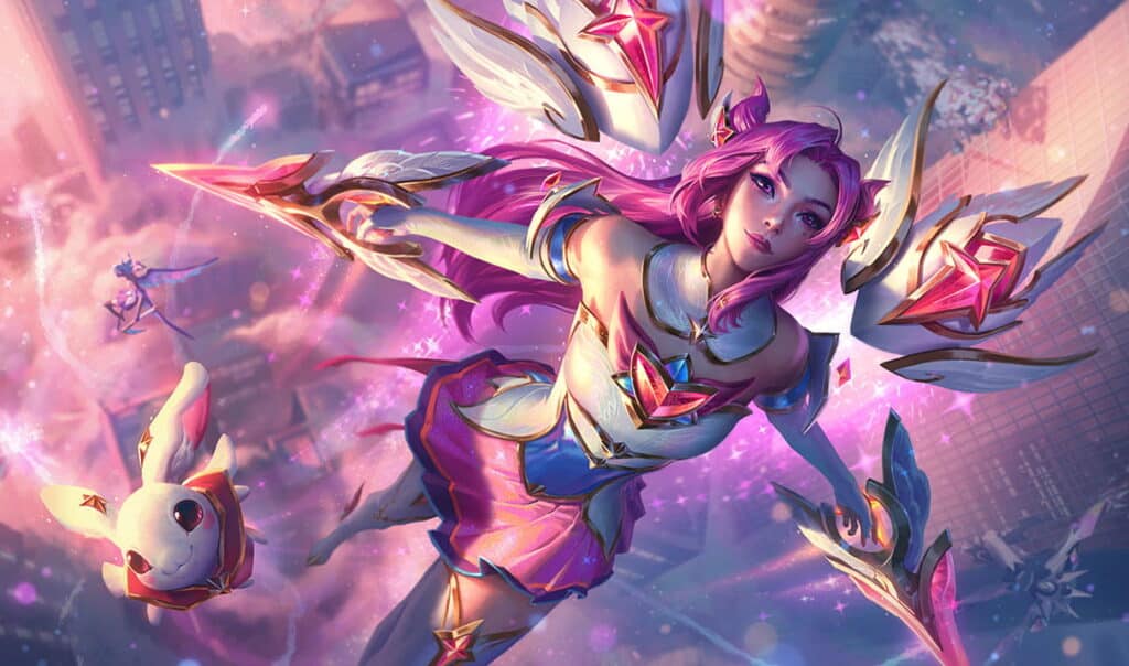 Kai'Sa with pink hair and winged armor soars through a starry, magical sky. Accompanied by a small, cute creature