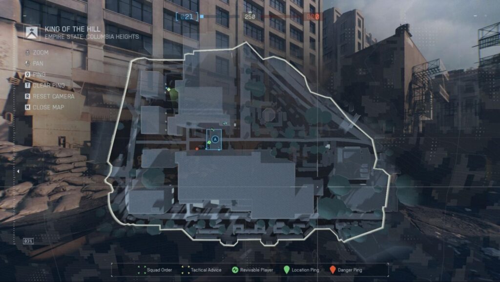 Tactical map overlay of urban area for 'King of the Hill' Battlefield 6 mode
