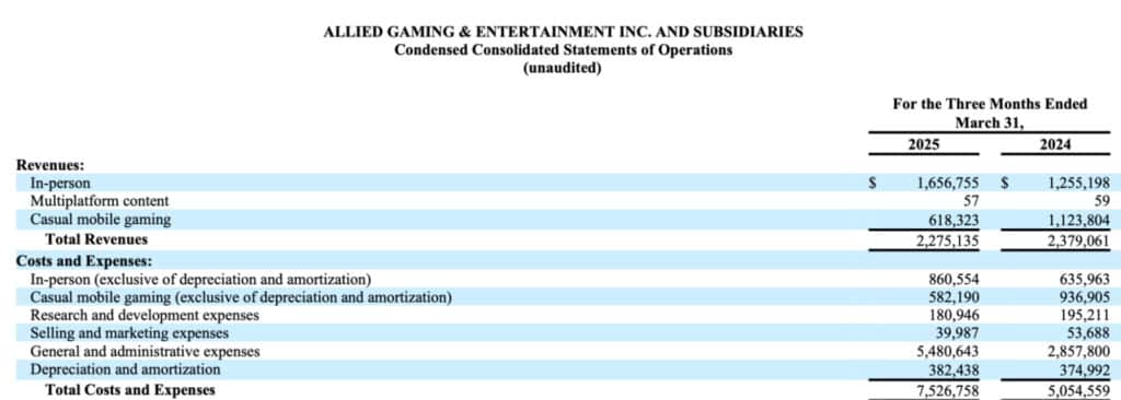 Financial statement titled 'Allied Gaming & Entertainment Inc. and Subsidiaries,' showing revenues and expenses for March 31, 2025, and 2024