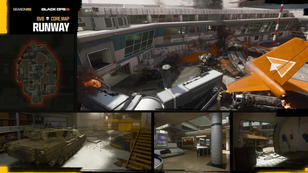 A destroyed airport runway with wreckage, fire, and a tank; features map layout and various areas within the chaotic environment